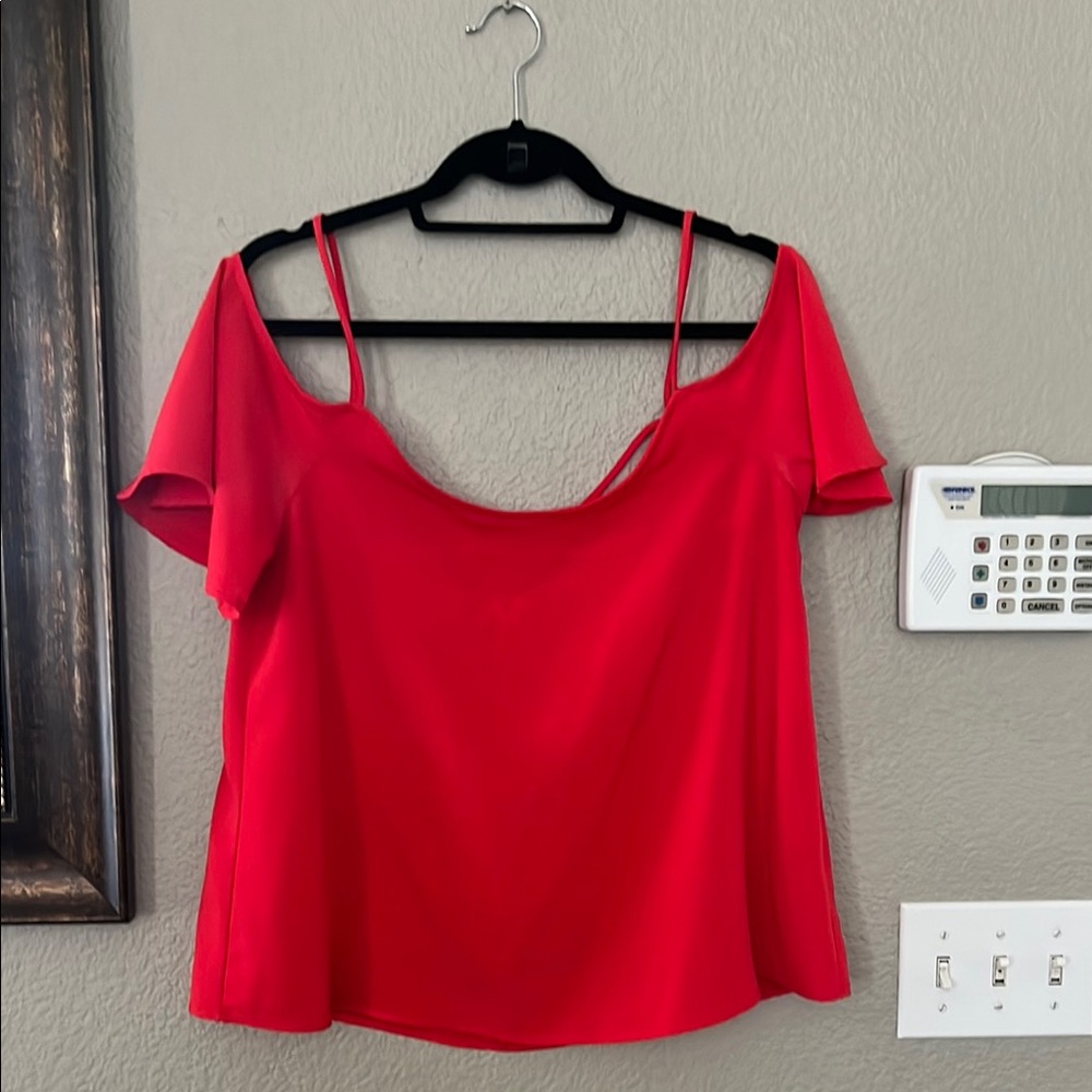 BP Red Asymmetrical Crop Blouse Short Sleeve